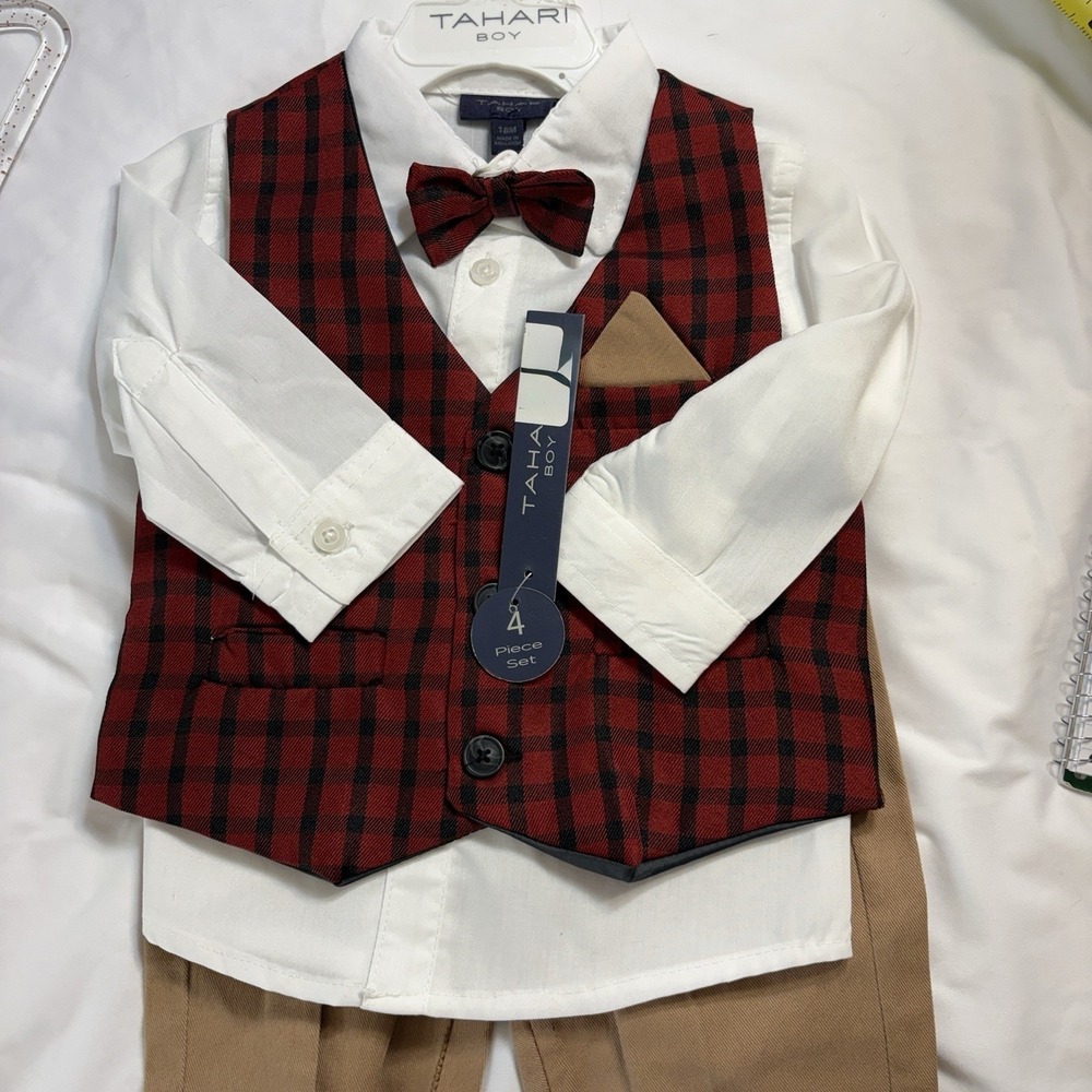 Tahari Toddler Boy 4 Piece Suit Red Plaid Vest White Shirt Brown Pants Bow‎ NWOT